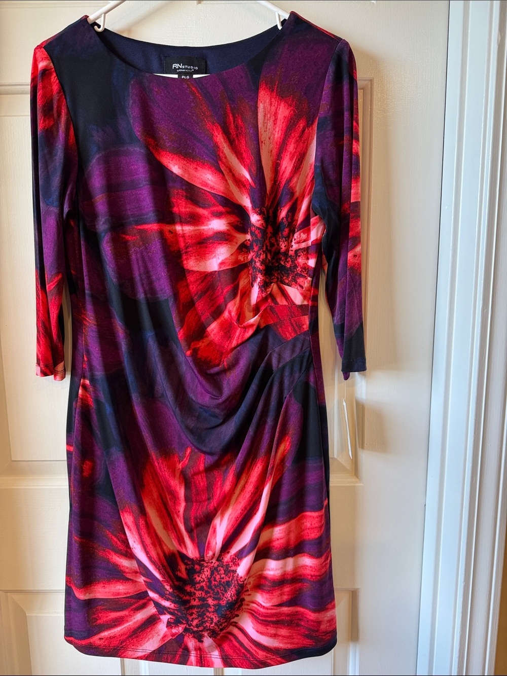 Ronni Nicole Red and Purple Floral Long Sleeve Sheath Dress with Draped Waist